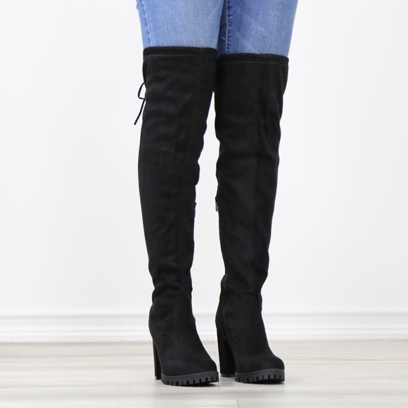 Black Faux Suede Round Toe Thigh High Over The Knee Block Lug High Heel Boots - Picture 3 of 13